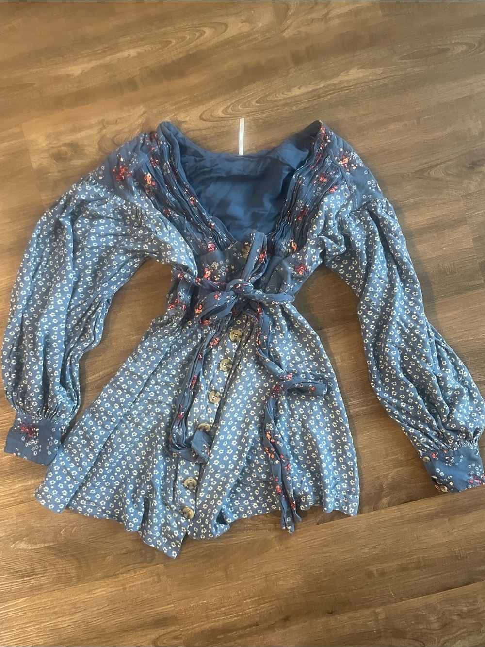 Free People Wonderland Blue Floral Tie-Front Mini-dress